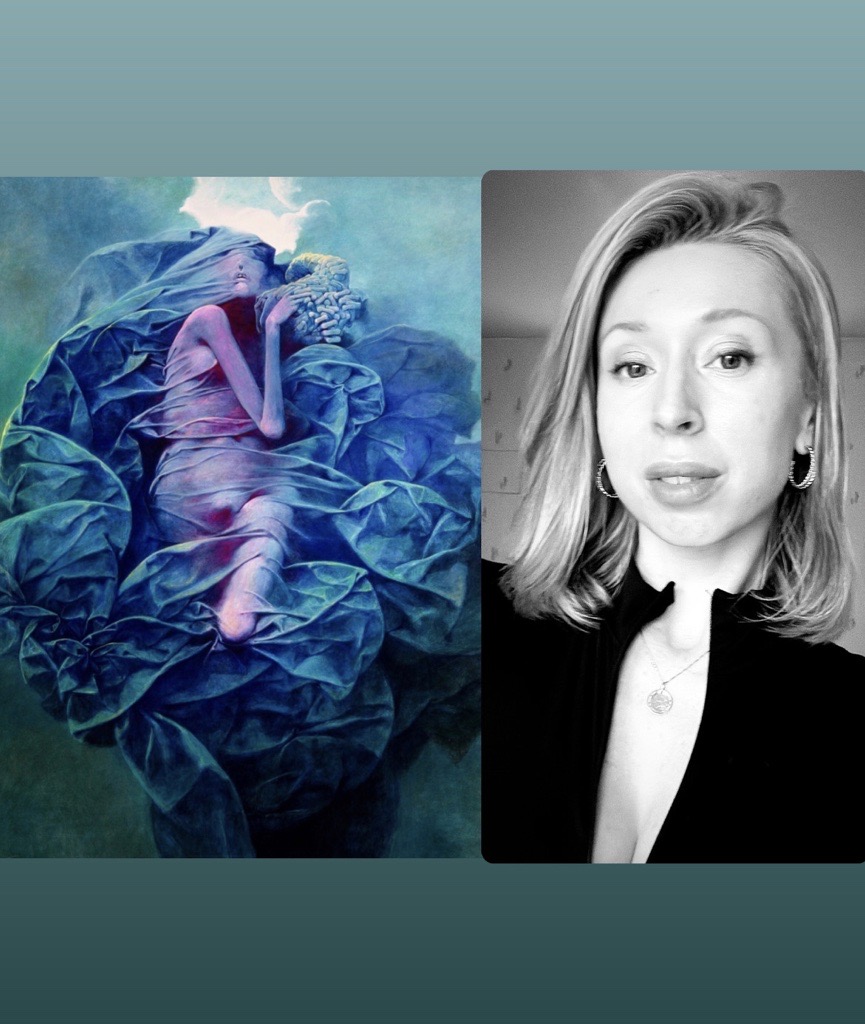 portrait en noir et blanc de Marina Stanek "Dealeuse d'art", à droite, à gauche œuvre de l'artiste peintre polonais Zdzisław Beksiński dont Marina parle dans l'épisode (l'œuvre n'a pas de titre à sa connaissance et est exposée à la galerie Piotr et Anna Dmochowski à Cracovie)