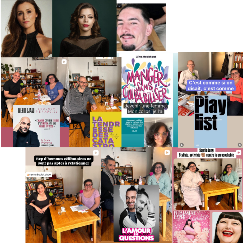 captures d'écran du compte Instagram Singlejunglepodcast avec les derniers invités et invitées, de haut en bas, et de gauche à droite : Gen Beaudry, Mathilde Allais, Samir Melly, Mehdi Djaadi, Martin Page, Esteban Buch, Juliette "macho boulot dodo", Pascal Jaubert, Sophia Lang, avec Louisa Amara, créatrice du podcast Single Jungle 